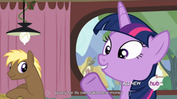 Size: 854x480 | Tagged: safe, derpibooru import, edit, edited screencap, screencap, coco crusoe, twilight sparkle, twilight sparkle (alicorn), alicorn, pony, twilight time, female, hub logo, male, mare, meme, money, youtube caption