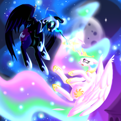 Size: 3000x3000 | Tagged: safe, artist:roaert, nightmare moon, princess celestia, alicorn, pony, crying, fight, magic, redraw