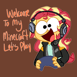 Size: 500x500 | Tagged: safe, artist:pinkiespresent, sunset shimmer, better together, equestria girls, game stream, brown background, controller, cute, dialogue, gamer sunset, headset, minecraft, open mouth, shimmerbetes, simple background, solo, sunset gamer