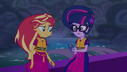 Size: 1920x1080 | Tagged: safe, screencap, sci-twi, sunset shimmer, twilight sparkle, better together, equestria girls, spring breakdown, female, geode of empathy, geode of telekinesis, magical geodes, ponytail, windswept mane