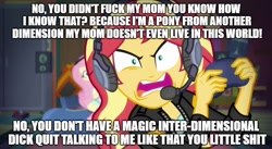 Size: 888x486 | Tagged: safe, screencap, fluttershy, sunset shimmer, better together, equestria girls, game stream, gamer sunset, gamershy, meme, rageset shimmer, sunset gamer, sunset shimmer frustrated at game, sunset's apartment, video game, vulgar