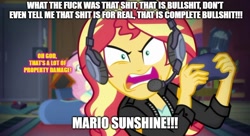 Size: 888x483 | Tagged: safe, screencap, fluttershy, sunset shimmer, equestria girls, equestria girls series, game stream, spoiler:eqg series (season 2), game grumps, gamer sunset, gamershy, grumpset shimmer, meme, not so grumpershy, rageset shimmer, sunset gamer, sunset shimmer frustrated at game, sunset's apartment, super mario sunshine, video game, vulgar