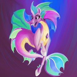 Size: 1000x1000 | Tagged: artist needed, safe, princess celestia, siren, 4chan, colored, fangs, gradient background, hoers, open mouth, raised hoof, simple background, sirenified, smiling, solo, species swap