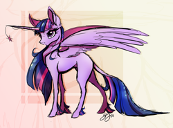 Size: 1280x946 | Tagged: safe, artist:probablyfakeblonde, derpibooru import, twilight sparkle, twilight sparkle (alicorn), alicorn, classical unicorn, pony, blank flank, female, frown, horn jewelry, jewelry, leonine tail, long mane, mare, solo, spread wings, unshorn fetlocks