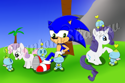 Size: 1024x683 | Tagged: safe, artist:phantomshadow051, rarity, sweetie belle, pony, unicorn, chao, crossover, sonic the hedgehog, sonic the hedgehog (series), watermark