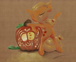 Size: 1722x1406 | Tagged: safe, artist:getchanoodlewet, applejack, earth pony, pony, bipedal, eyes closed, jack-o-lantern, pumpkin, solo, traditional art