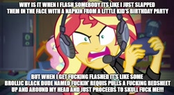 Size: 888x487 | Tagged: safe, edit, edited screencap, screencap, fluttershy, sunset shimmer, better together, equestria girls, game stream, faze jev, gamer sunset, gamershy, meme, rageset shimmer, sunset gamer, sunset shimmer frustrated at game, sunset's apartment, video game, vulgar