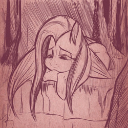 Size: 1280x1280 | Tagged: safe, artist:fluttershythekind, fluttershy, pegasus, pony, depressed, monochrome, sad, solo