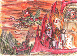 Size: 3233x2350 | Tagged: safe, artist:lubronyr, nightmare star, princess celestia, twilight sparkle, alicorn, pony, alternate universe, fiery teacher and apprentice, traditional art, tyrant sparkle