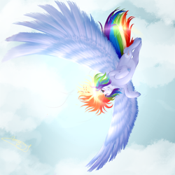 Size: 1024x1024 | Tagged: safe, artist:ri12ktn, derpibooru import, rainbow dash, pegasus, pony, flying, grin, sky, solo, spread wings, sunlight