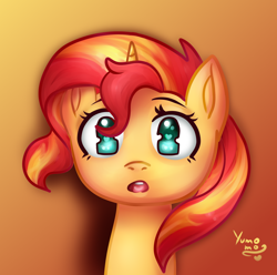 Size: 2000x1987 | Tagged: safe, artist:yumomochan, sunset shimmer, pony, unicorn, bacon hair, bust, cute, cute face, digital art, female, food, gradient background, mare, orange, portrait, shimmerbetes