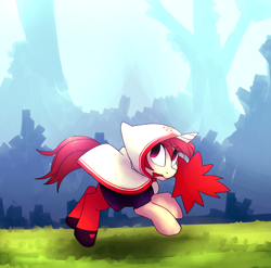 Size: 1184x1170 | Tagged: safe, artist:tallaferroxiv, pony, unicorn, cloak, clothes, dress, female, forest, grass, hood, kaho, leaf, maple leaf, mare, momodora, momodora: reverie under the moonlight, mouth hold, newbie artist training grounds, priestess, shoes, stockings, thigh highs