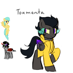 Size: 1400x1400 | Tagged: safe, artist:koteikow, derpibooru import, king sombra, sunshower raindrops, oc, oc:tormenta, pony, unicorn, fusion, raincoat, spanish