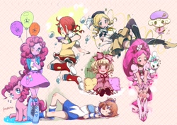 Size: 2048x1449 | Tagged: safe, artist:ku_rimo, artist:kurimo, pinkie pie, earth pony, human, pony, equestria girls, arle nadja, balloon, boots, clothes, crossover, cure blossom, cute, dress, female, hanasaki tsubomi, heartcatch precure, mami tomoe, pleated skirt, precure, puella magi madoka magica, puyo puyo, ringo ando, shirt, shoes, skirt, skirt lift, socks, tamagotchi, thigh highs, zettai ryouiki