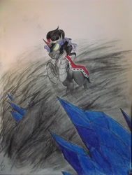 Size: 3216x4244 | Tagged: safe, artist:scribblepwn3, derpibooru import, king sombra, pony, unicorn, colored pencil drawing, crystal, dark magic, fog, leaping, magic, pen, solo, sombra eyes, traditional art