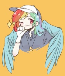 Size: 681x796 | Tagged: safe, artist:balabala, derpibooru import, rainbow dash, human, baseball cap, cap, female, hat, humanized, solo, winged humanization, wings