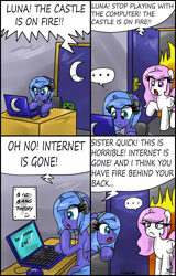 Size: 1293x2021 | Tagged: safe, artist:ciriliko, princess celestia, princess luna, alicorn, pony, celestia is not amused, cewestia, comic, creeper, female, filly, fire, gamer luna, gaming, oblivious, skewed priorities, woona, younger