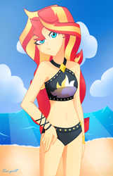 Size: 2106x3264 | Tagged: safe, artist:xan-gelx, sunset shimmer, better together, equestria girls, beach, belly button, bikini, clothes, cute, female, ocean, sand, shimmerbetes, sleeveless, solo, stupid sexy sunset shimmer, swimsuit