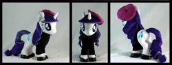 Size: 4012x1520 | Tagged: safe, artist:whiteheather, rarity, beatnik rarity, beret, clothes, hat, irl, photo, plushie, shoes, solo, sweater, turtleneck