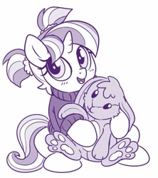 Size: 621x700 | Tagged: safe, artist:sorcerushorserus, starlight glimmer, pony, unicorn, clothes, cute, female, filly, filly starlight glimmer, glimmerbetes, monochrome, pigtails, plushie, simple background, sitting, smiling, solo, sweater, white background, younger