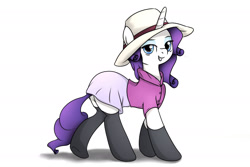 Size: 2010x1340 | Tagged: safe, artist:fotasy, rarity, pony, unicorn, clothes, cute, dress, female, hat, looking at you, mare, shirt, simple background, skirt, skirt lift, smiling, socks, solo, technically an upskirt shot, thigh highs, walking, white background