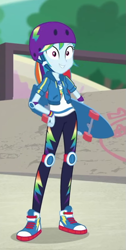 Size: 425x844 | Tagged: safe, derpibooru import, screencap, rainbow dash, better together, equestria girls, sic skateboard, clothes, converse, cropped, female, geode of super speed, helmet, hoodie, looking at you, magical geodes, pants, shoes, skateboard, smiling, sneakers, solo