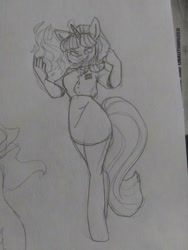 Size: 1224x1632 | Tagged: safe, artist:gaydawn, starlight glimmer, anthro, unicorn, clothes, glowing horn, horn, magic, monochrome, skirt, skirt suit, solo, suit, traditional art