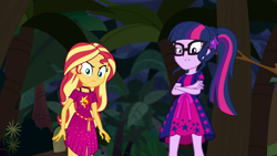 Size: 1920x1080 | Tagged: safe, screencap, sci-twi, sunset shimmer, twilight sparkle, better together, equestria girls, spring breakdown, crossed arms, female, geode of empathy, geode of telekinesis, glasses, magical geodes, ponytail