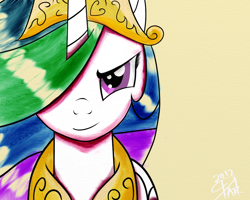 Size: 1000x800 | Tagged: safe, artist:darkaudacity, princess celestia, alicorn, pony, female, horn, mare, multicolored mane, smirk, solo, white coat