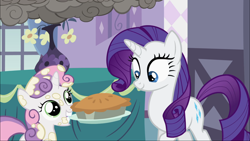 Size: 1920x1080 | Tagged: safe, screencap, rarity, sweetie belle, pony, unicorn, sisterhooves social, food, pie, rarity looking at food