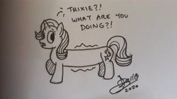Size: 4128x2322 | Tagged: safe, artist:tidmouthmilk12, starlight glimmer, pony, unicorn, implied magic, implied trixie, ink drawing, long glimmer, long pony, meme, simple background, solo, traditional art