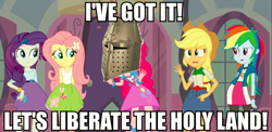 Size: 961x468 | Tagged: safe, derpibooru import, edit, edited screencap, screencap, applejack, fluttershy, pinkie pie, rainbow dash, rarity, equestria girls, equestria girls (movie), caption, crusade, deus vult, greathelm, image macro, impact font, meme, pinkie has a crazy idea, text, this will end in death, this will end in genocide, this will end in the capture of jerusalem, this will end in war