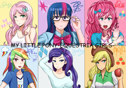 Size: 1191x839 | Tagged: safe, artist:タツオ, derpibooru import, applejack, fluttershy, pinkie pie, rainbow dash, rarity, twilight sparkle, human, equestria girls, anime, apple, female, food, glasses, human coloration, humane five, humane six, humanized, style emulation