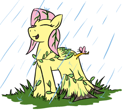 Size: 836x741 | Tagged: safe, artist:jargon scott, fluttershy, butterfly, alternate universe, clothes, dress, dryad, flutterdryad, fluttertree, grass, leaves, rain, solo, species swap, sword rara, tree branch, vine