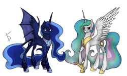 Size: 1613x965 | Tagged: safe, artist:fullmoondagger, princess celestia, princess luna, alicorn, pony, bat wings, hybrid wings, royal sisters, simple background, spread wings