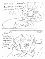 Size: 849x1100 | Tagged: safe, artist:circe, artist:steve budzinski, rarity, anthro, comic:soreloser, arm behind head, black and white, grayscale, marshmelodrama, monochrome, traditional art