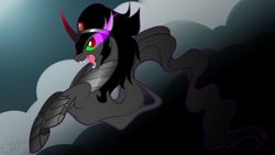 Size: 1920x1080 | Tagged: safe, artist:swiftyuki, derpibooru import, king sombra, pony, umbrum, unicorn, curved horn, fangs, rearing, shadow, solo, sombra eyes