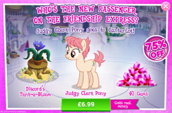 Size: 797x527 | Tagged: safe, derpibooru import, raspberry vinaigrette, earth pony, pony, advertisement, costs real money, female, flower, gameloft, gem, judgy clerk pony, mare, official, potted plant, sale, short tail, solo, tent-a-bloom, tentacles