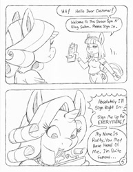 Size: 849x1100 | Tagged: safe, artist:circe, artist:steve budzinski, rarity, anthro, comic:soreloser, black and white, blue nile, comic, grayscale, monochrome, traditional art