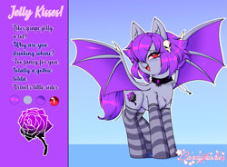 Size: 1253x923 | Tagged: safe, artist:kei kun, oc, oc only, oc:jelly kisses, bat pony, bat pony oc, clothes, cutie mark, female, reference sheet, skull, socks, solo, spread wings, stockings, striped socks, thigh highs, wings