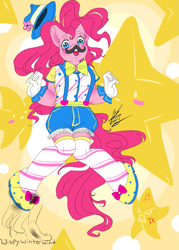 Size: 865x1208 | Tagged: safe, artist:muirne, pinkie pie, anthro, clothes, fake moustache, party, solo