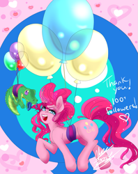 Size: 761x959 | Tagged: safe, artist:muirne, artist:wispywinterwind, gummy, pinkie pie, earth pony, pony, balloon, then watch her balloons lift her up to the sky