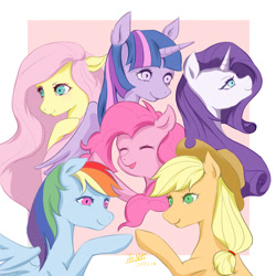 Size: 1000x1000 | Tagged: safe, artist:巫na, derpibooru import, applejack, fluttershy, pinkie pie, rainbow dash, rarity, twilight sparkle, twilight sparkle (alicorn), alicorn, earth pony, pegasus, pony, unicorn, mane six