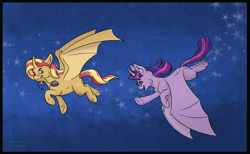 Size: 1422x874 | Tagged: safe, artist:haretrinity, sci-twi, sunset shimmer, twilight sparkle, alicorn, bat pony, bat pony alicorn, pony, alicornified, bat ponified, computer mouse, equestria girls ponified, female, flying, glasses, mouth hold, ponified, race swap, scitwilicorn, shimmerbat, shimmercorn, smiling, twibat