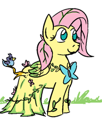 Size: 496x596 | Tagged: safe, artist:jargon scott, fluttershy, bird, butterfly, alternate universe, cute, dryad, flutterdryad, fluttertree, leaves, solo, species swap, sword rara, tree branch, vine