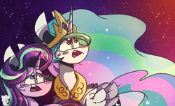 Size: 2200x1340 | Tagged: safe, artist:jxst-starly, princess celestia, starlight glimmer, alicorn, pony, unicorn, a royal problem, duo, female, implied daybreaker, light, mare, nightsky, offscreen character, princess, redraw, scene interpretation