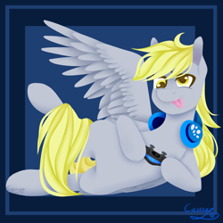 Size: 1200x1200 | Tagged: safe, artist:sugarponypie, derpy hooves, pegasus, pony, abstract background, controller, female, headphones, hoof hold, mare, one wing out, prone, request, solo, tongue out, wings