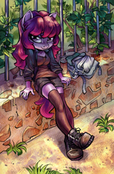 Size: 1258x1920 | Tagged: safe, artist:holivi, oc, oc only, oc:share dast, anthro, plantigrade anthro, backpack, boots, clothes, crossed legs, fence, gift art, leg focus, legs, looking at you, shoes, shorts, sitting, socks, solo, thigh highs