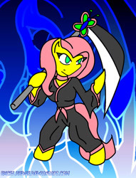 Size: 781x1022 | Tagged: safe, artist:excelhedge, fluttershy, anthro, bipedal, bleach (manga), scythe, solo, weapon