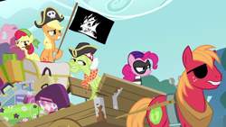 Size: 1280x720 | Tagged: safe, edit, edited screencap, screencap, apple bloom, applejack, big macintosh, granny smith, pinkie pie, earth pony, pony, pinkie apple pie, bicorne, burglar, cart, hat, logo, luggage, male, pirate, stallion, the pirate bay, thief